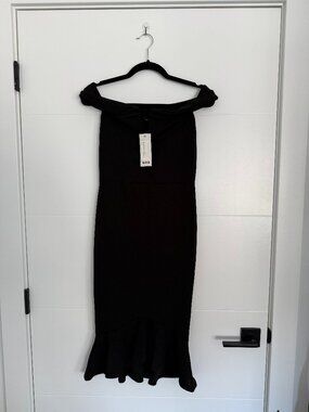Boohoo Kandi Off The Shoulder Frill Hem Midi Dress Black US 6 NWT